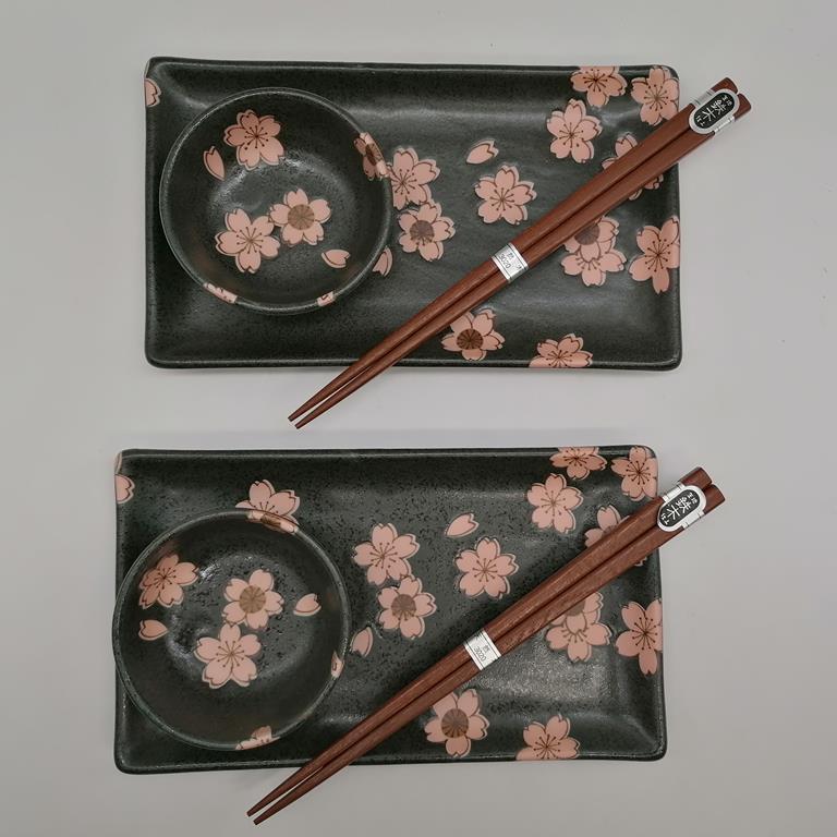 Set da sushi per 2 con fiori di ciliegio - nero/rosa - Ikiya