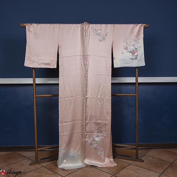Kimono homongi vintage in seta rinzu con piante autunnali