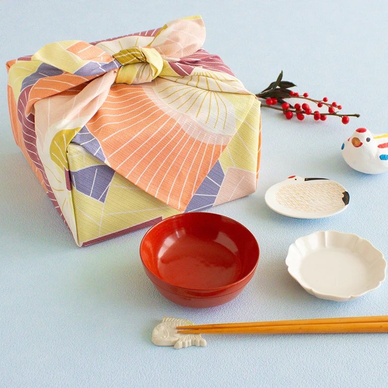 Furoshiki Hime Musubi Adeline Klam con ventagli color limone 70cm