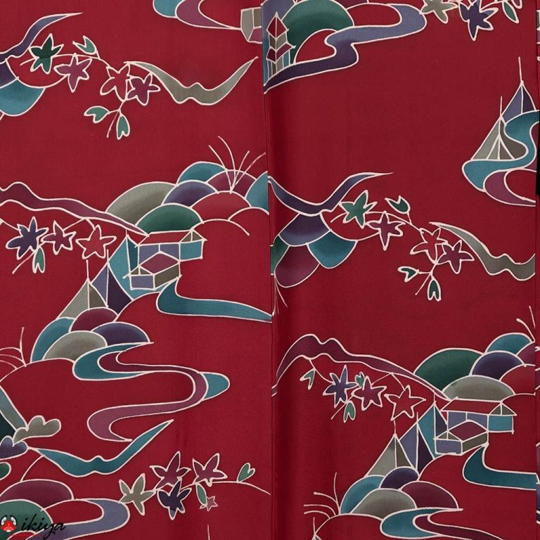 Haori da donna in seta "chirimen" rossa con paesaggio