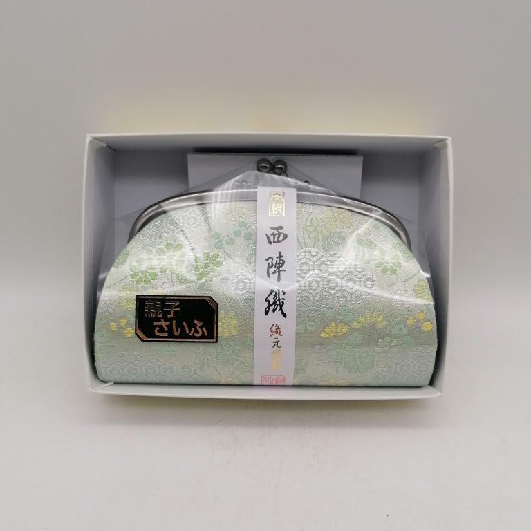 Portamonete artigianale da Kyoto L - Verde chiaro con piante autunnali