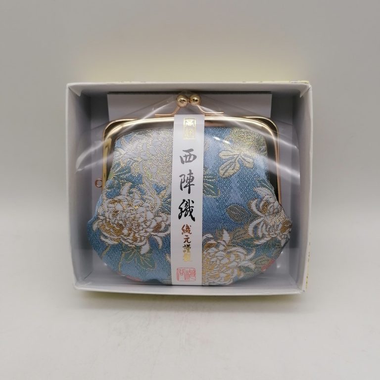 Portamonete artigianale da Kyoto M - Azzurro con crisantemi