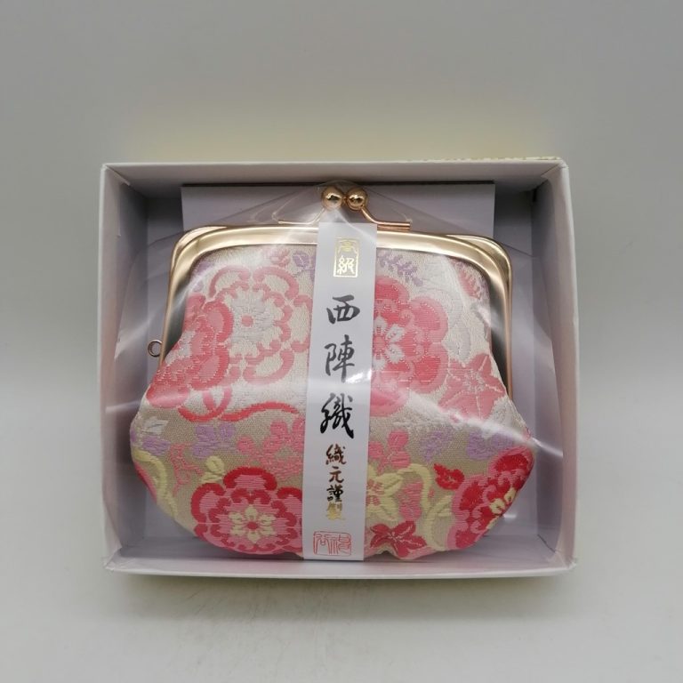 Portamonete artigianale da Kyoto M - Bianco con fiori stagionali rosa