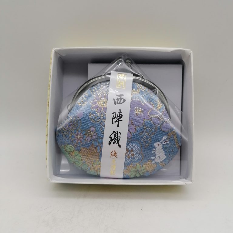 Portamonete artigianale da Kyoto S - Azzurro con fiori e coniglietti