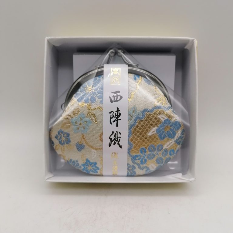 Portamonete artigianale da Kyoto S - Azzurro/oro con fiori stagionali