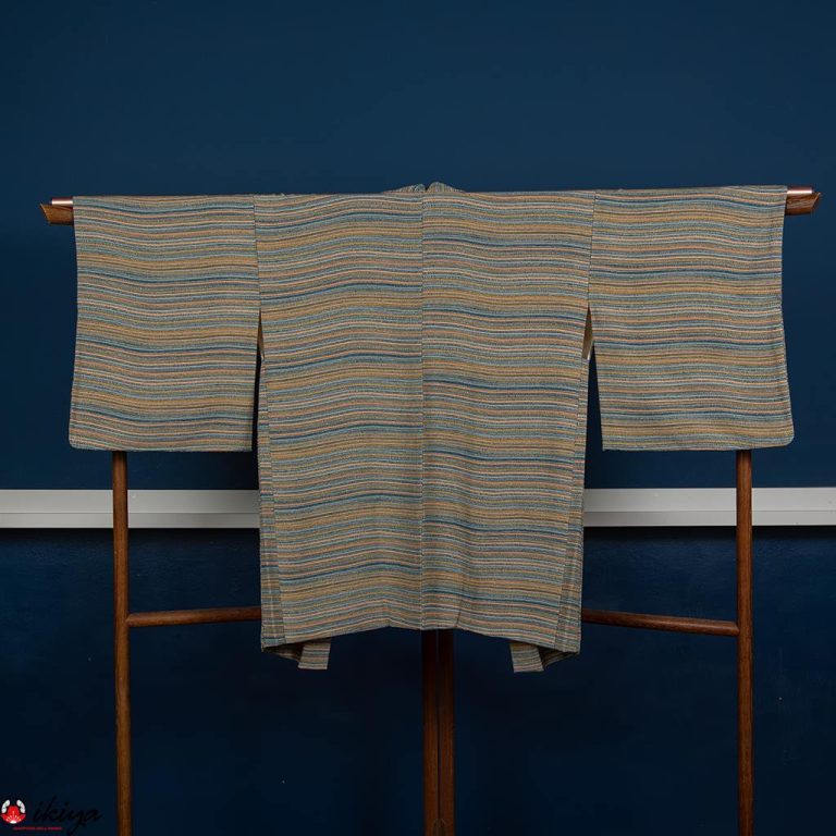 Haori da donna in seta a righe blu e gialle