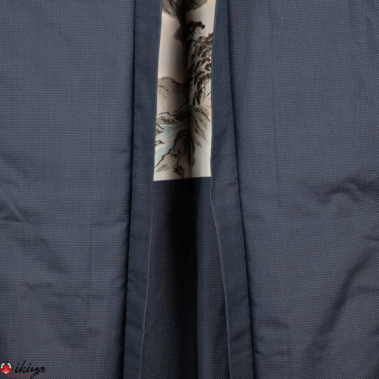Haori da uomo in seta blu con Monte Fuji e paesaggio