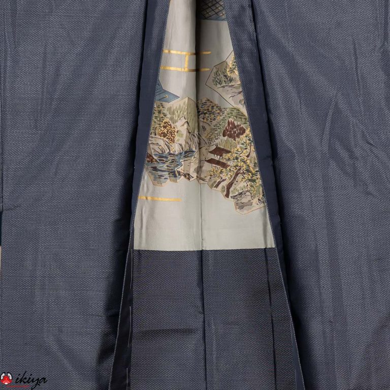 Haori da uomo in seta blu con motivo di ventagli