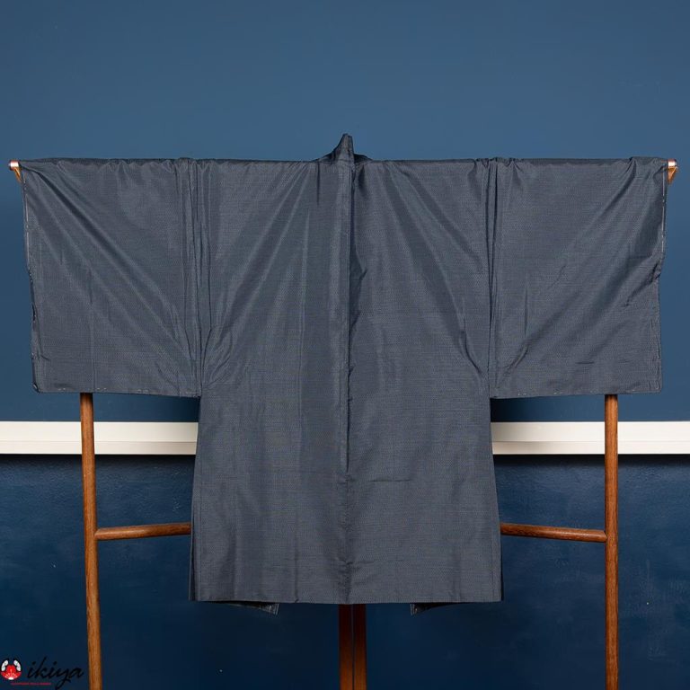 Haori da uomo in seta blu con motivo di ventagli