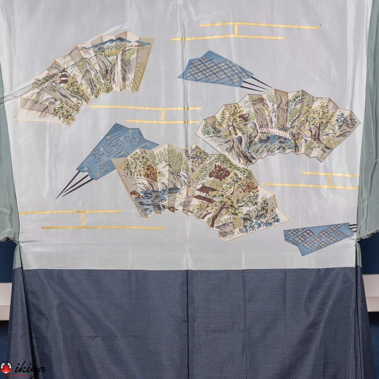 Haori da uomo in seta blu con motivo di ventagli