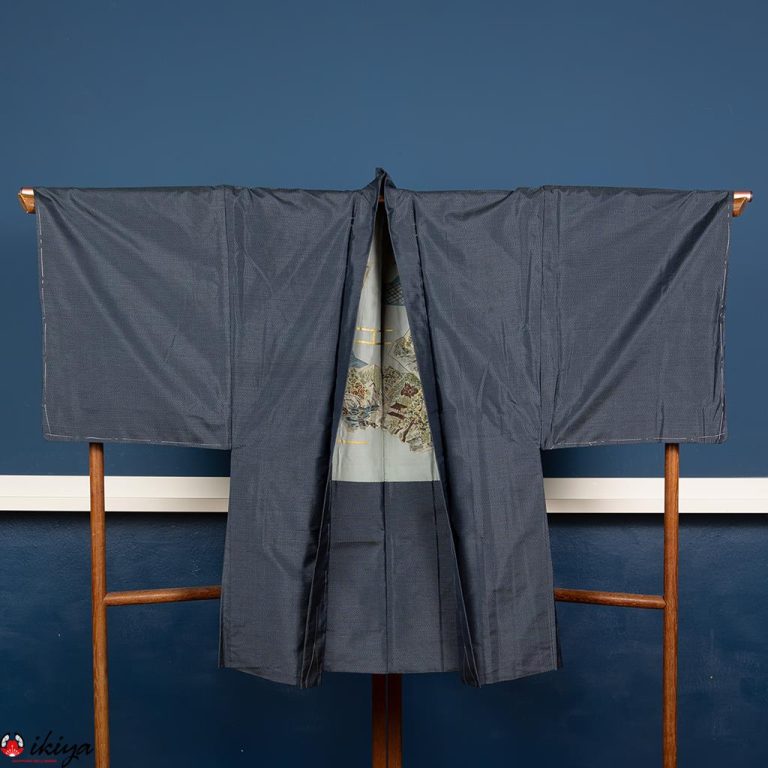 Haori da uomo in seta blu con motivo di ventagli