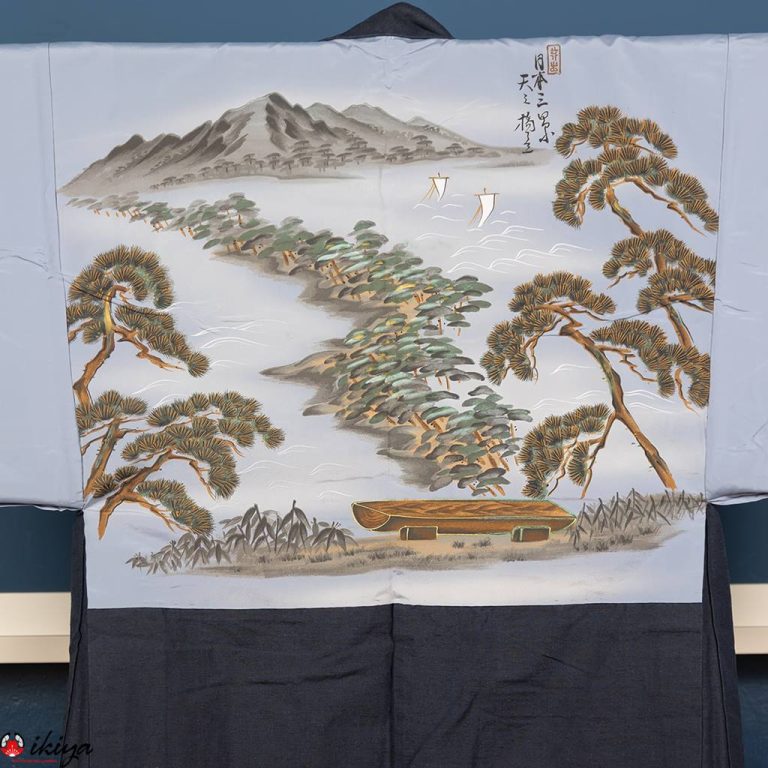 Haori da uomo in seta grezza blu con veduta di Amanohashidate