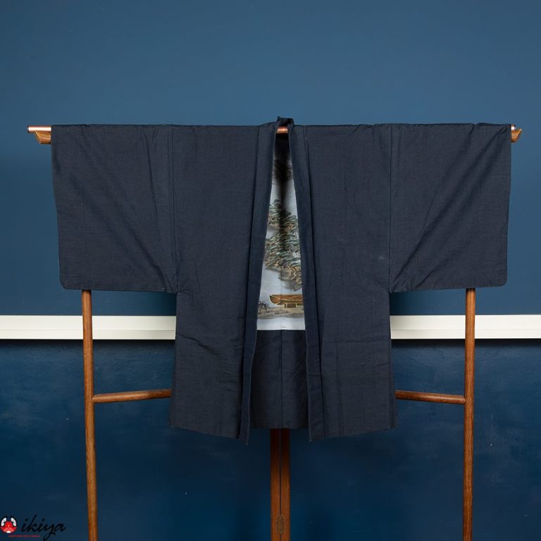 Haori da uomo in seta grezza blu con veduta di Amanohashidate