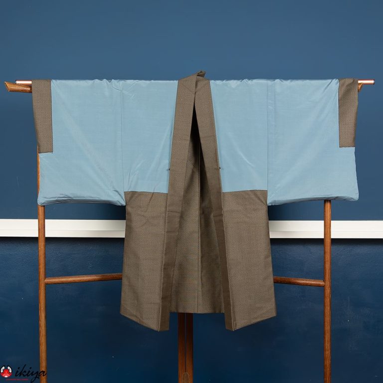 Haori da uomo in seta marrone/grigia con Monte Fuji