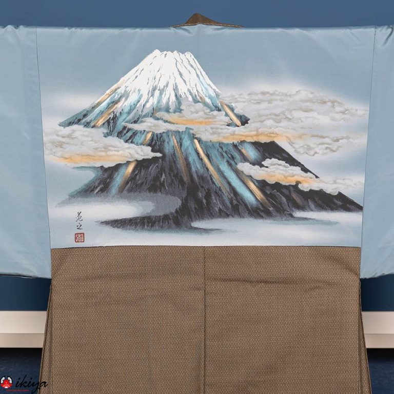 Haori da uomo in seta marrone/grigia con Monte Fuji