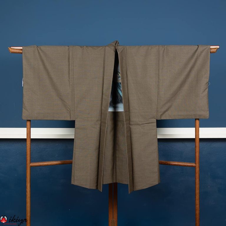 Haori da uomo in seta marrone/grigia con Monte Fuji