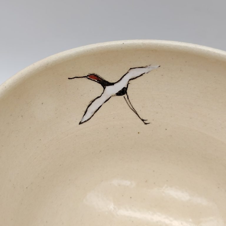 Chawan in ceramica Kyoyaki con gru e Fuji rosso