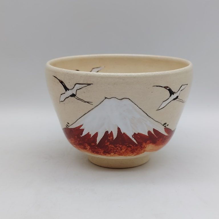 Chawan in ceramica Kyoyaki con gru e Fuji rosso