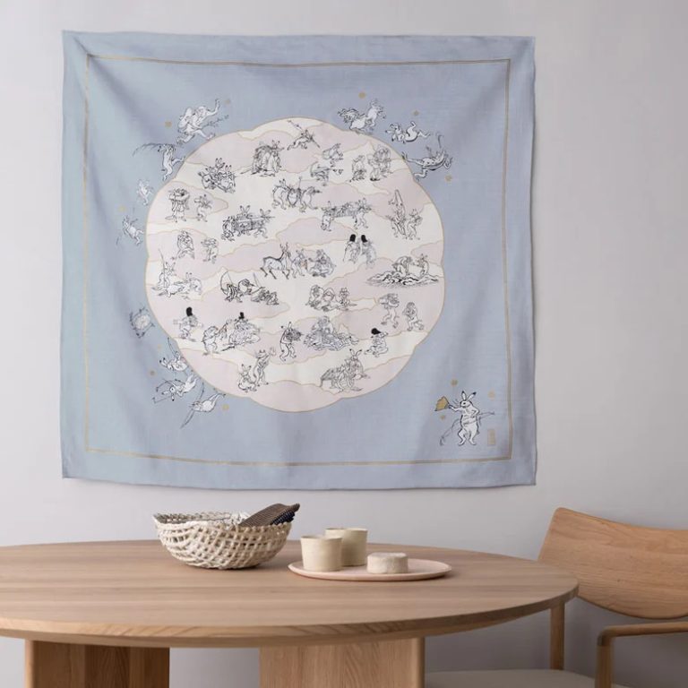 Furoshiki Choju-Jinbutsu-Giga con foglia di loto, grigio - 100cm