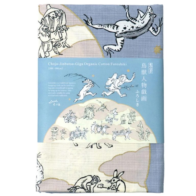 Furoshiki Choju-Jinbutsu-Giga con foglia di loto, grigio - 100cm