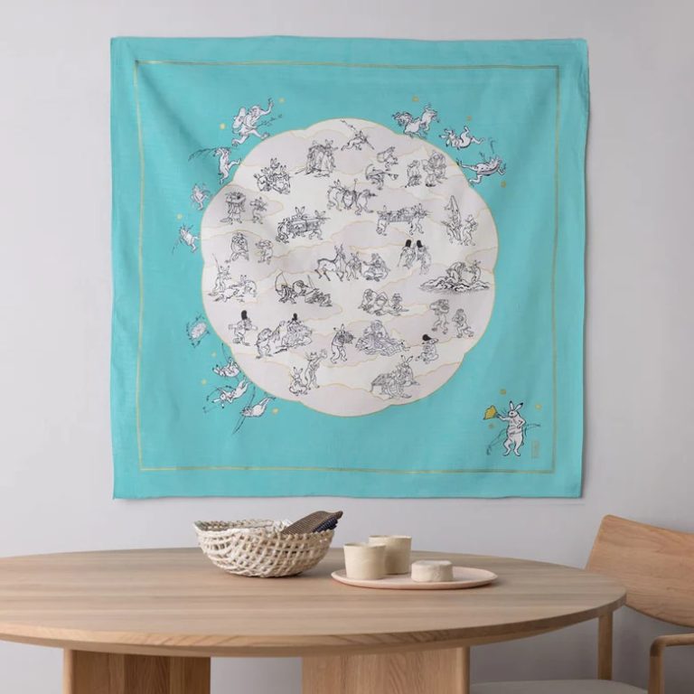 Furoshiki Choju-Jinbutsu-Giga con foglia di loto, turchese - 100cm