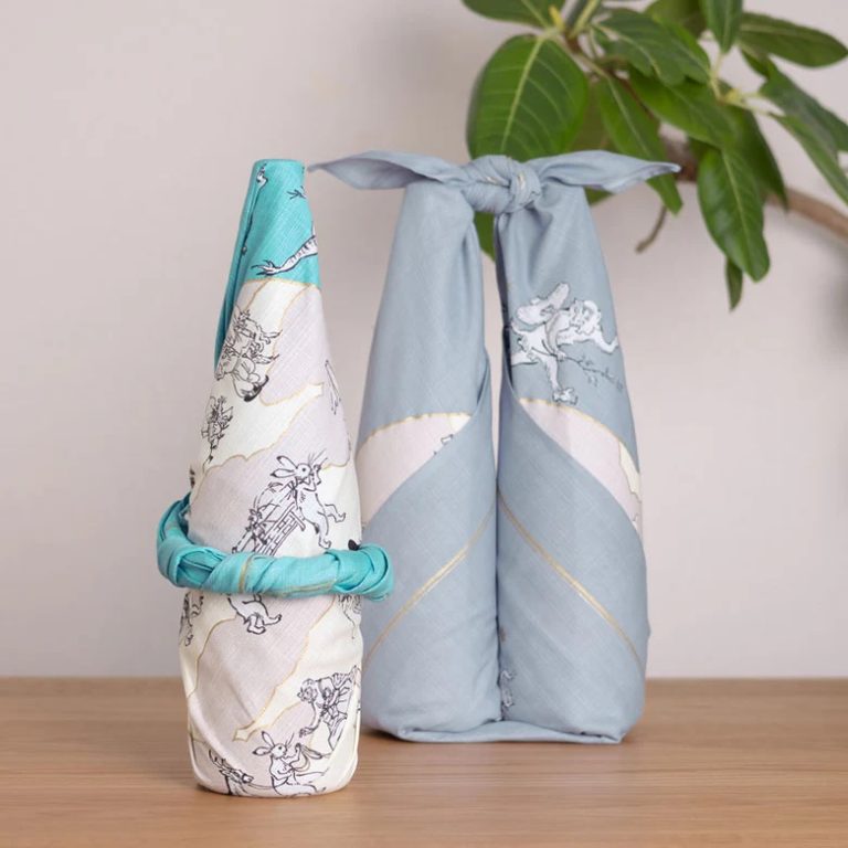 Furoshiki Choju-Jinbutsu-Giga con foglia di loto, turchese - 100cm