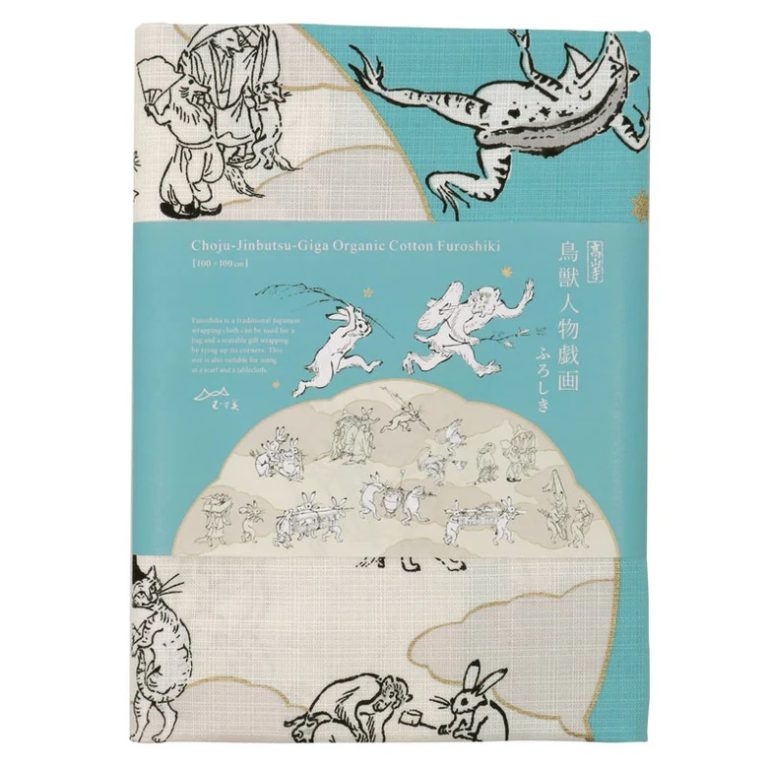 Furoshiki Choju-Jinbutsu-Giga con foglia di loto, turchese - 100cm