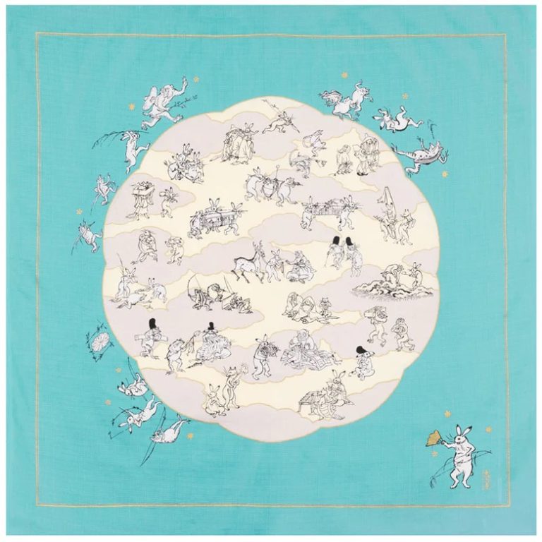 Furoshiki Choju-Jinbutsu-Giga con foglia di loto, turchese - 100cm