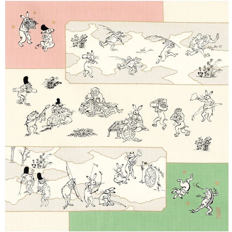 Furoshiki Choju-Jinbutsu-Giga verde e rosa - 48cm