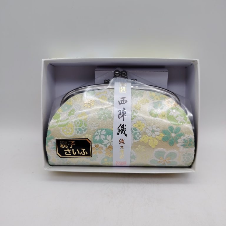 Portamonete artigianale da Kyoto L - Avorio con fiori verdi