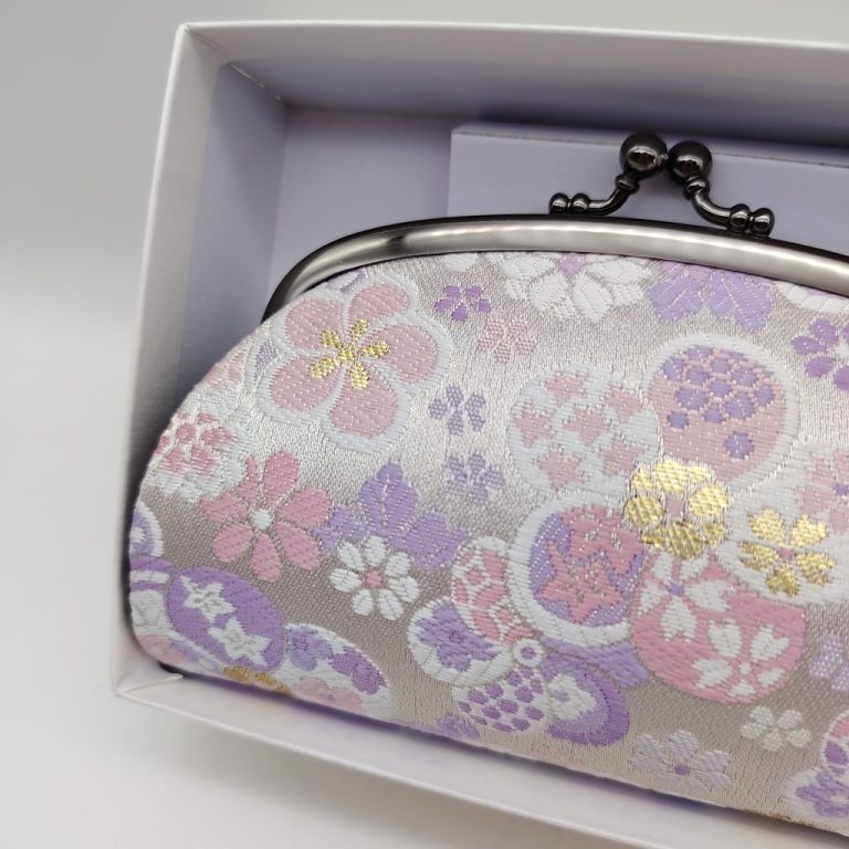 Portamonete artigianale da Kyoto L - Bianco con fiori viola