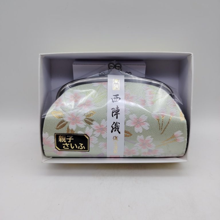 Portamonete artigianale da Kyoto L - Verde chiaro con sakura