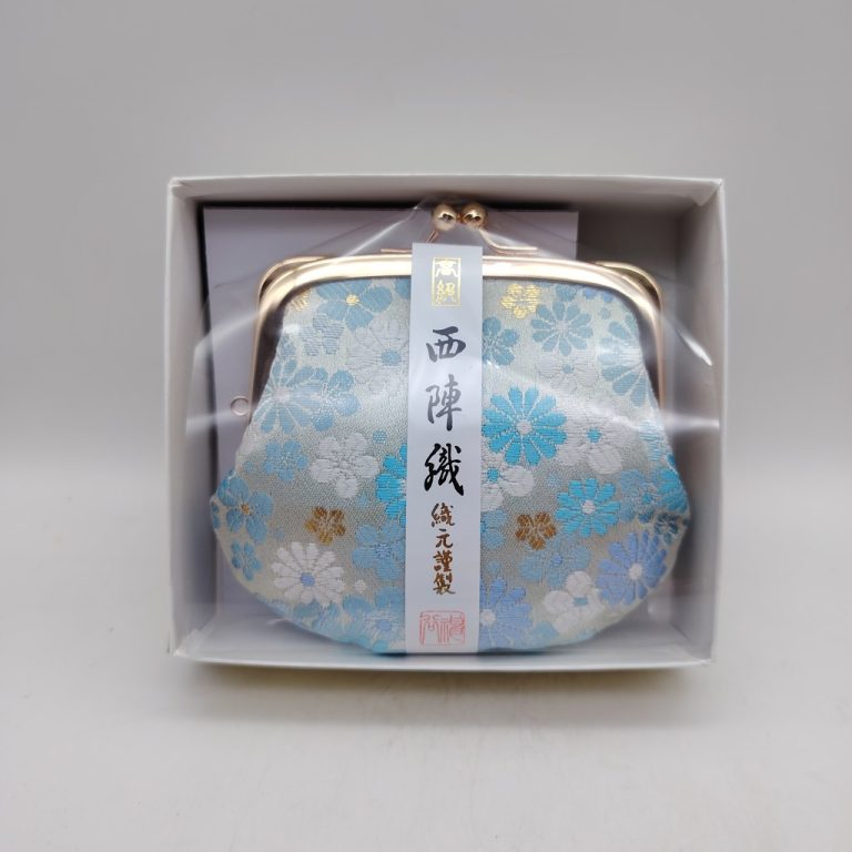 Portamonete artigianale da Kyoto M - Azzurro con crisantemi