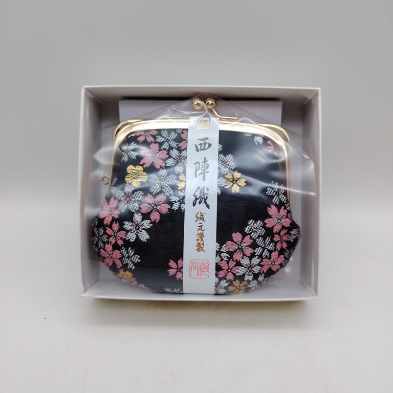 Portamonete artigianale da Kyoto M - Nero con sakura rosa