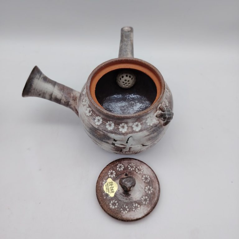 Set teiera & 2 tazze in ceramica Kyoyaki con gru e tartaruga