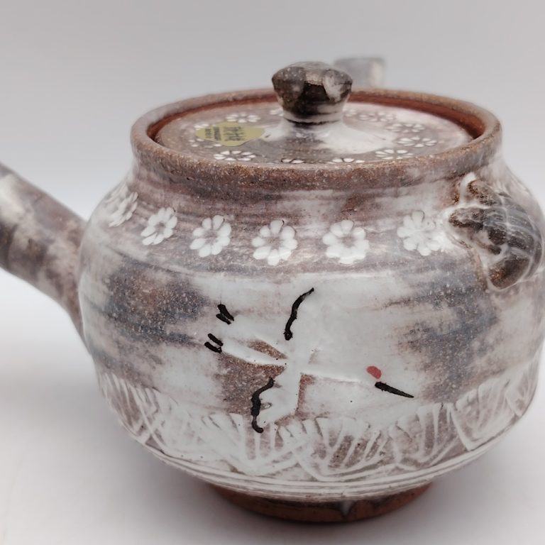 Set teiera & 2 tazze in ceramica Kyoyaki con gru e tartaruga