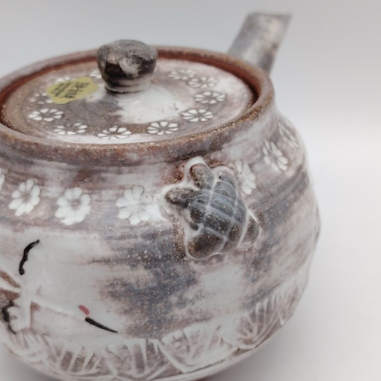Set teiera & 2 tazze in ceramica Kyoyaki con gru e tartaruga