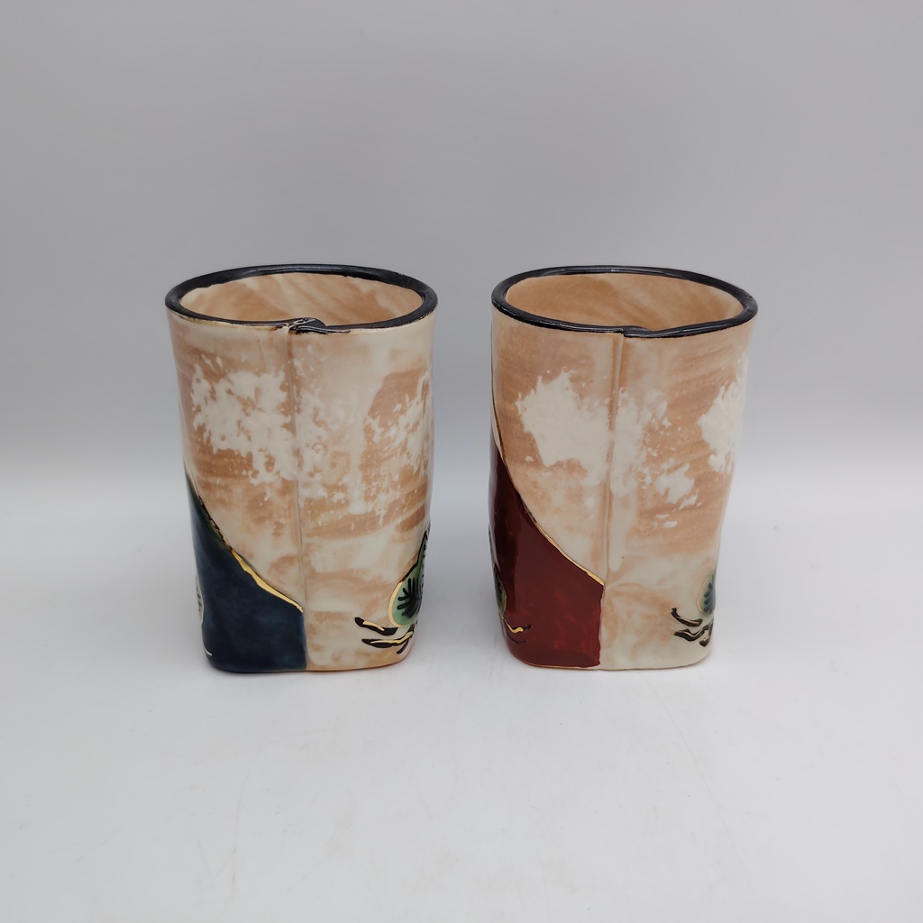 Coppia di tazze in ceramica Kyoyaki - Monte Fuji e pini