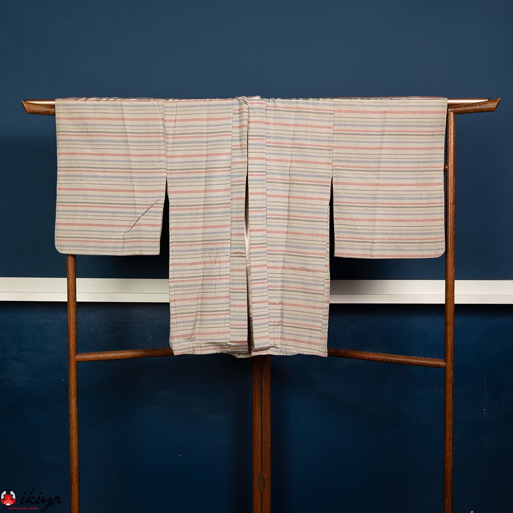 Haori da donna in seta grigio/azzurra a righe