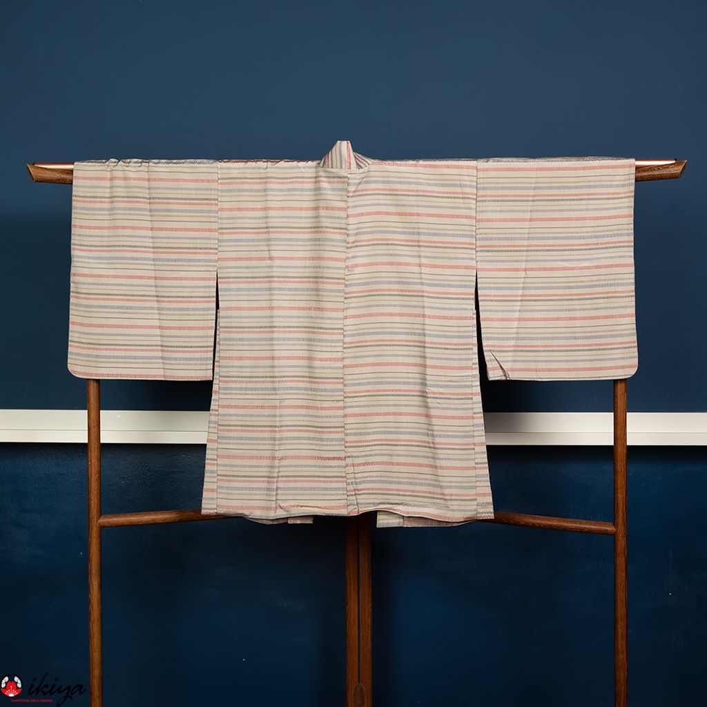 Haori da donna in seta grigio/azzurra a righe