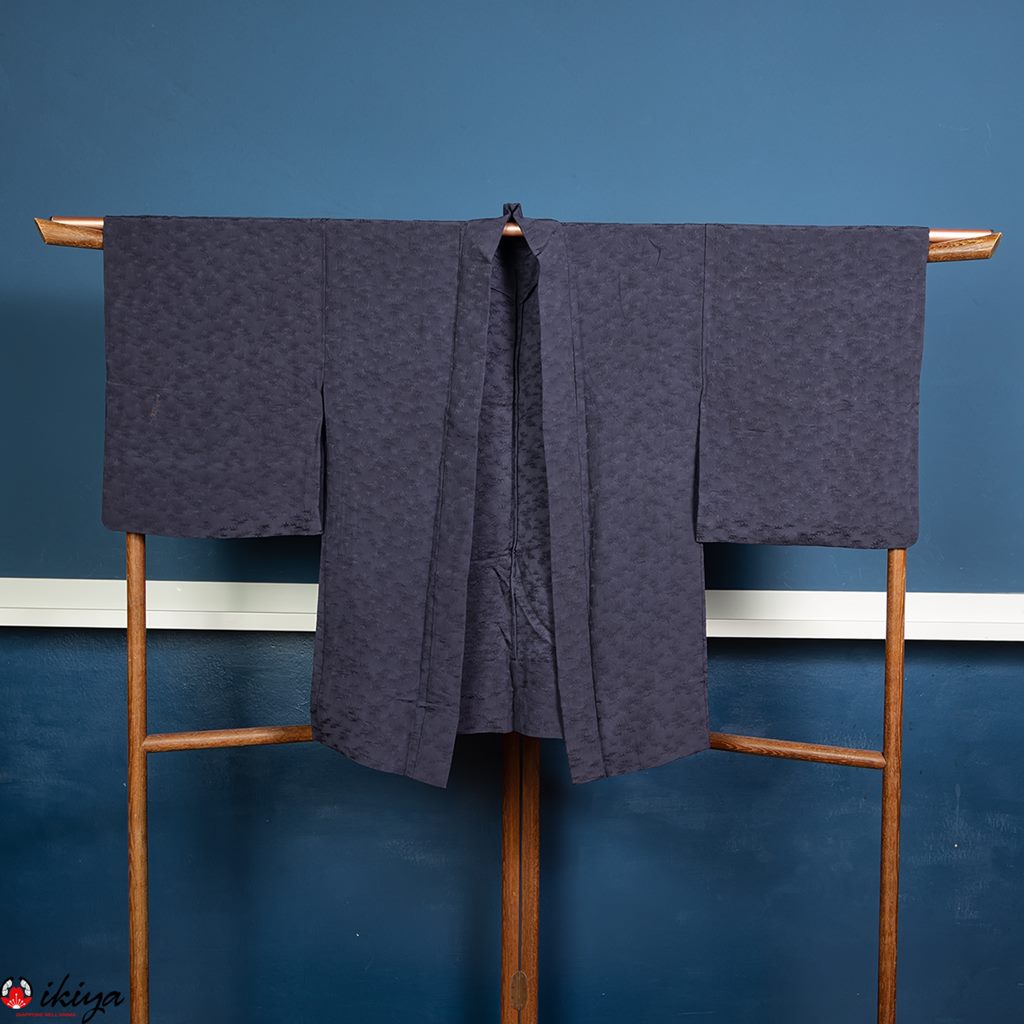 Haori da donna in seta "rinzu" blu con motivo di bambù