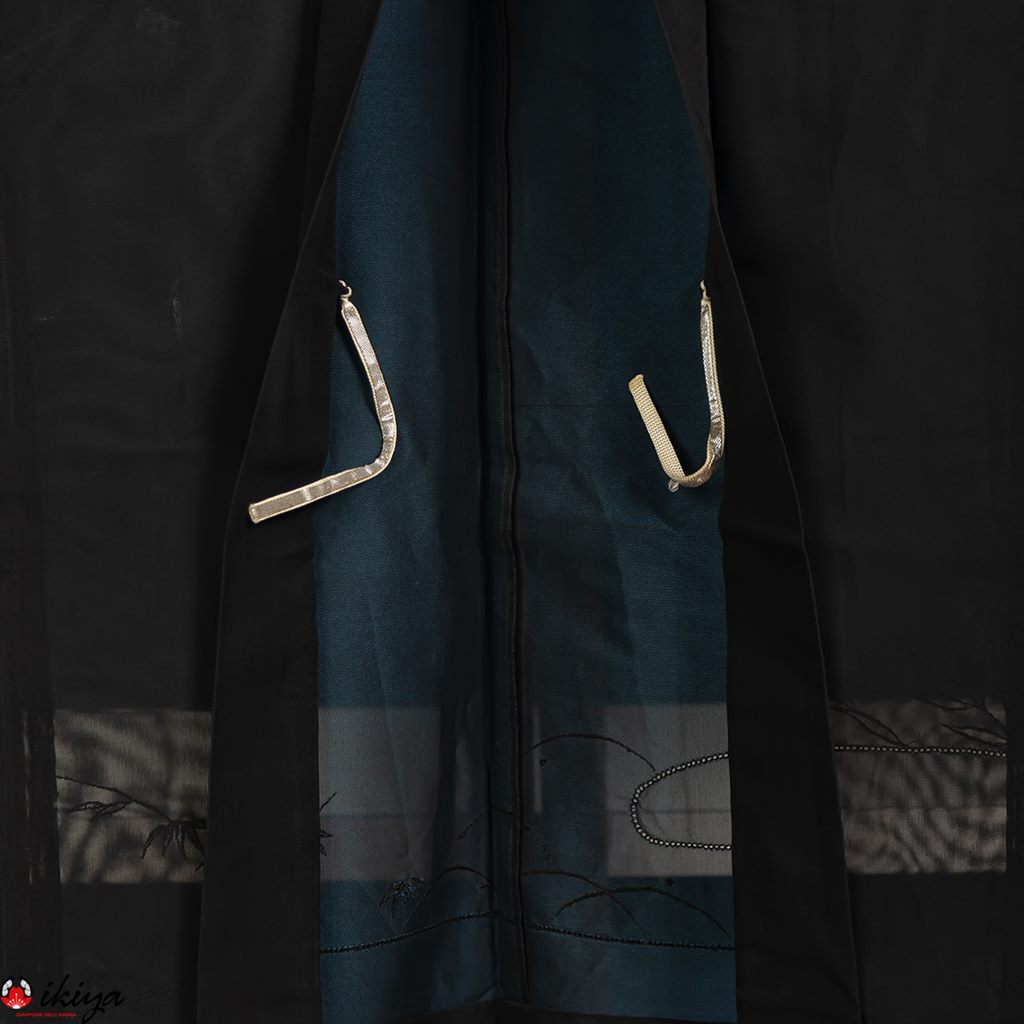 Haori da donna in seta "sha" nera/blu con bambù