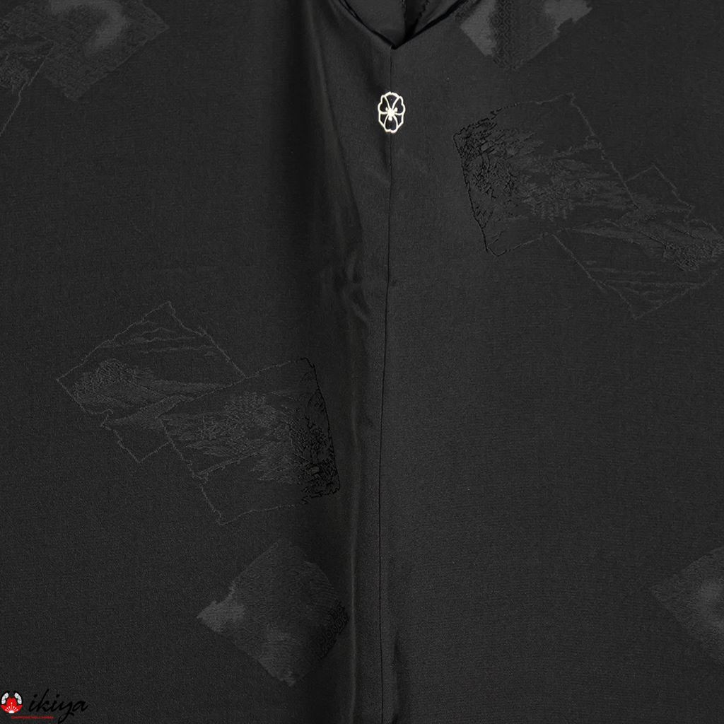 Haori da donna in seta "rinzu" nera con motivo di paesaggi