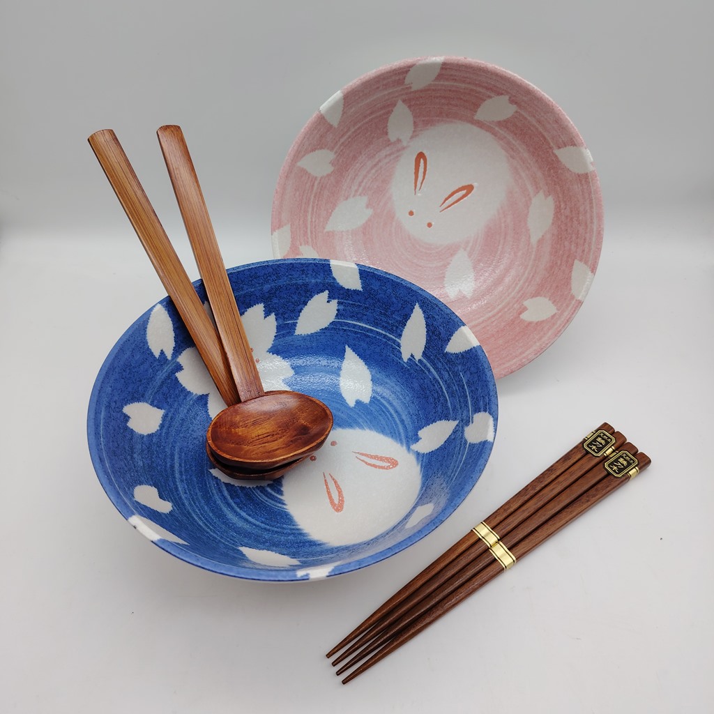 Set di due ciotole da ramen rosa e blu con coniglietti