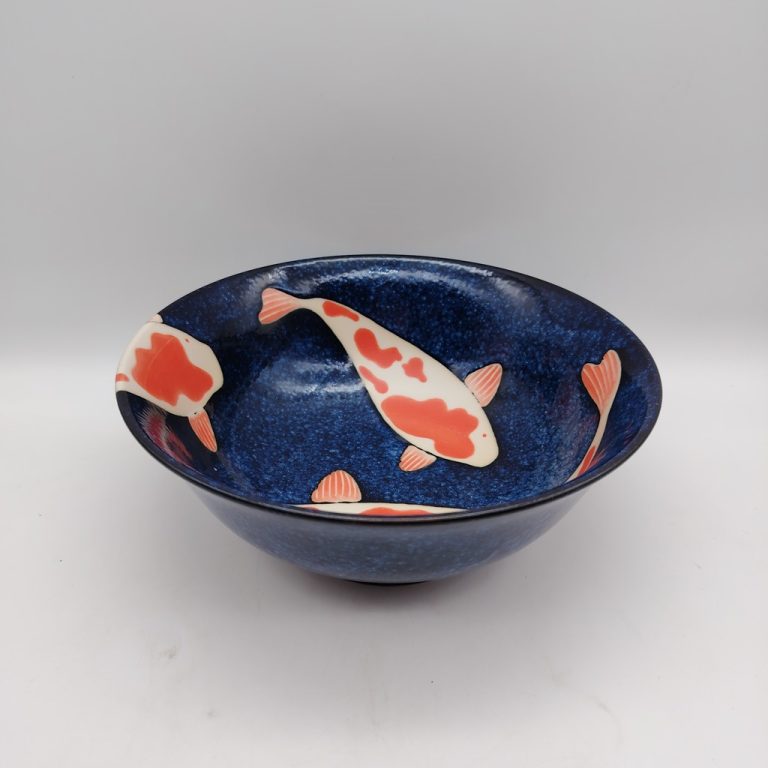 Capiente ciotola da ramen in ceramica blu decorata con carpe koi