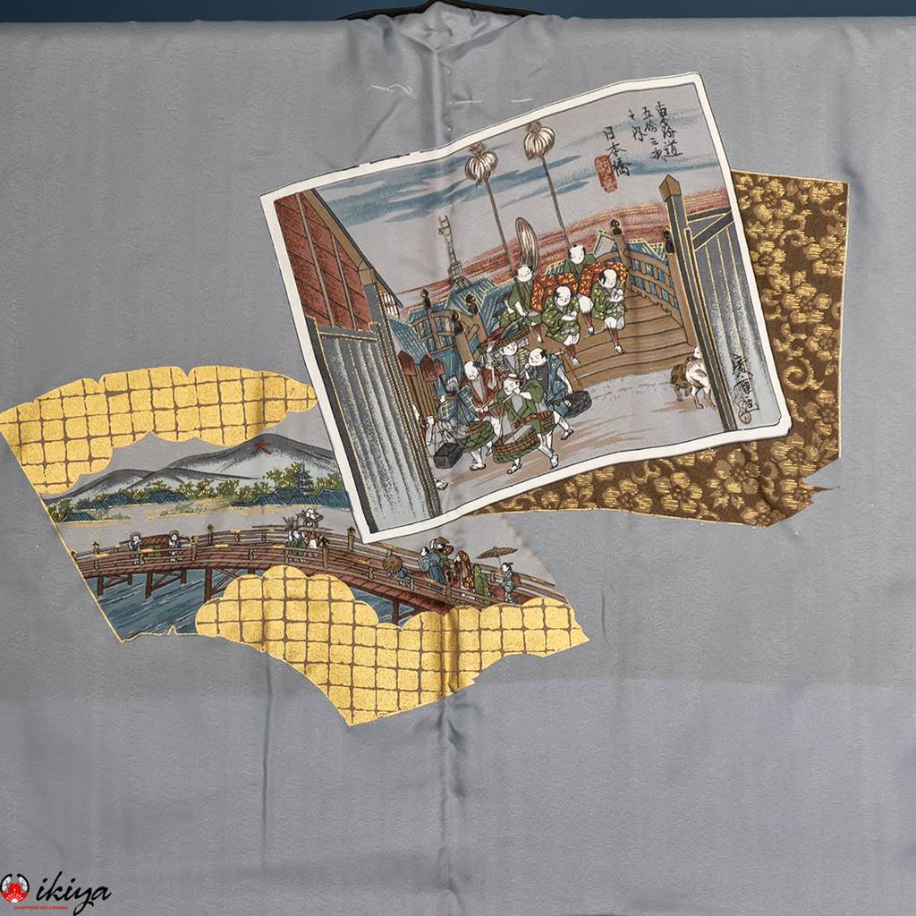 Haori da uomo in seta nera con stampa di Hiroshige