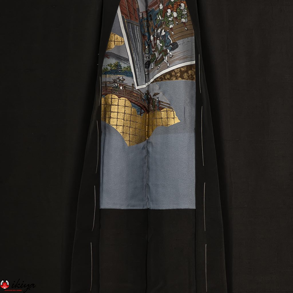 Haori da uomo in seta nera con stampa di Hiroshige