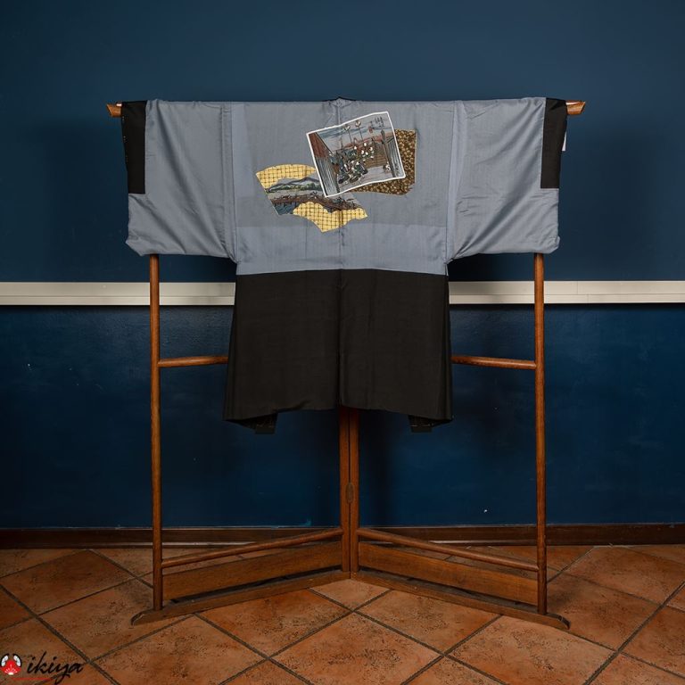 Haori da uomo in seta nera con fodera interna decorata con una stampa di Hiroshige