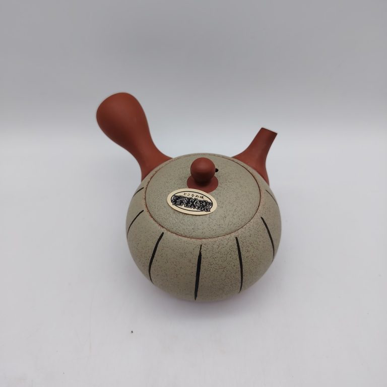 Teiera giapponese per tè pregiati, in ceramica rossa con decorazione verde a righe verticali