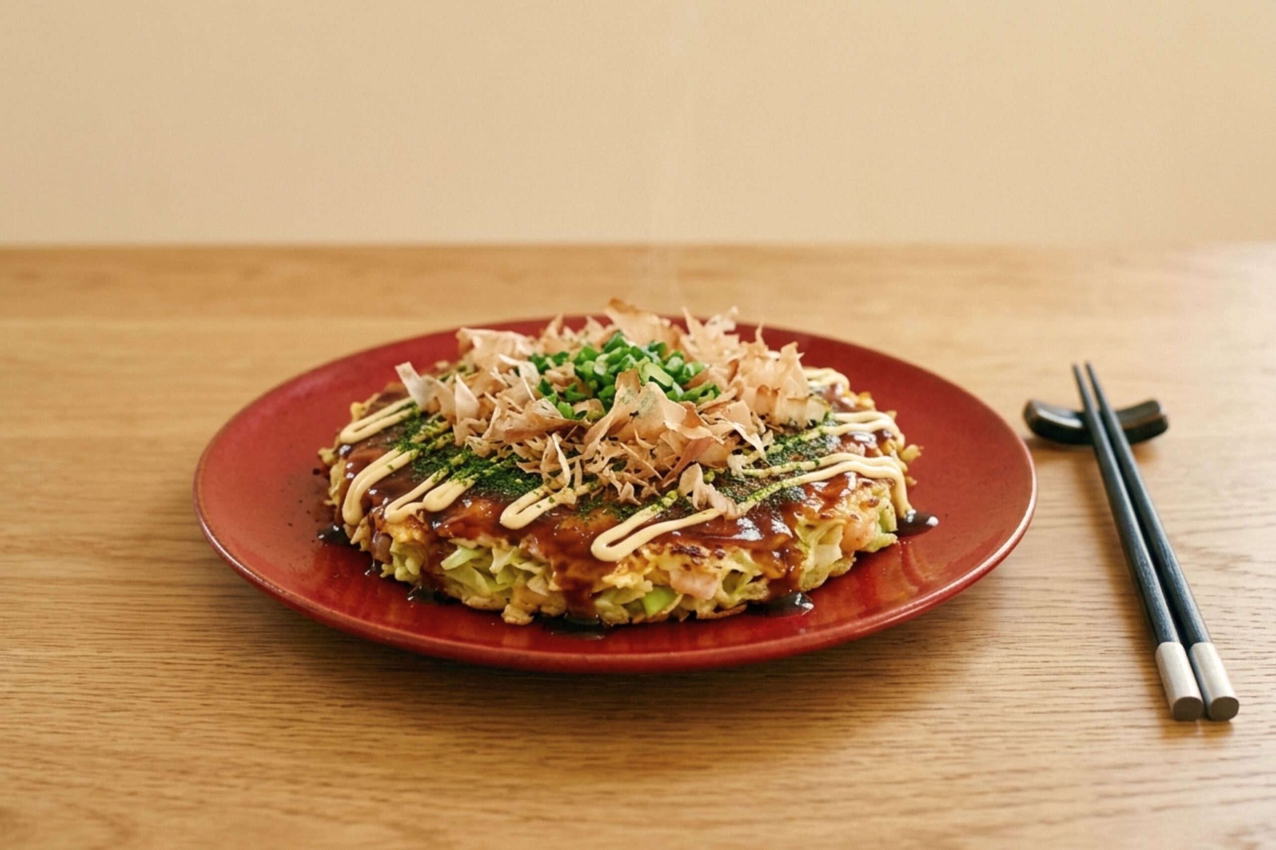 Okonomiyaki su piatto rosso con salsa Otafuku, maionese Kewpie, katsuobushi e cipollotto, servito con bacchette.